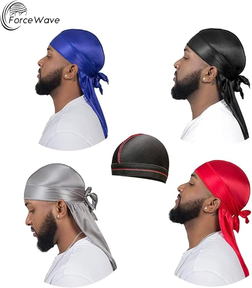 4PCS Silky Durags for Men Women 360 Waves with 1 Wave Cap, Silky Satin Durag Extra Long Tails