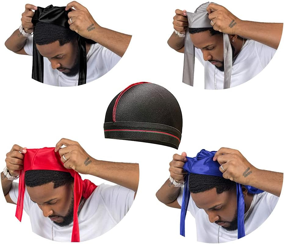 4PCS Silky Durags for Men Women 360 Waves with 1 Wave Cap, Silky Satin Durag Extra Long Tails