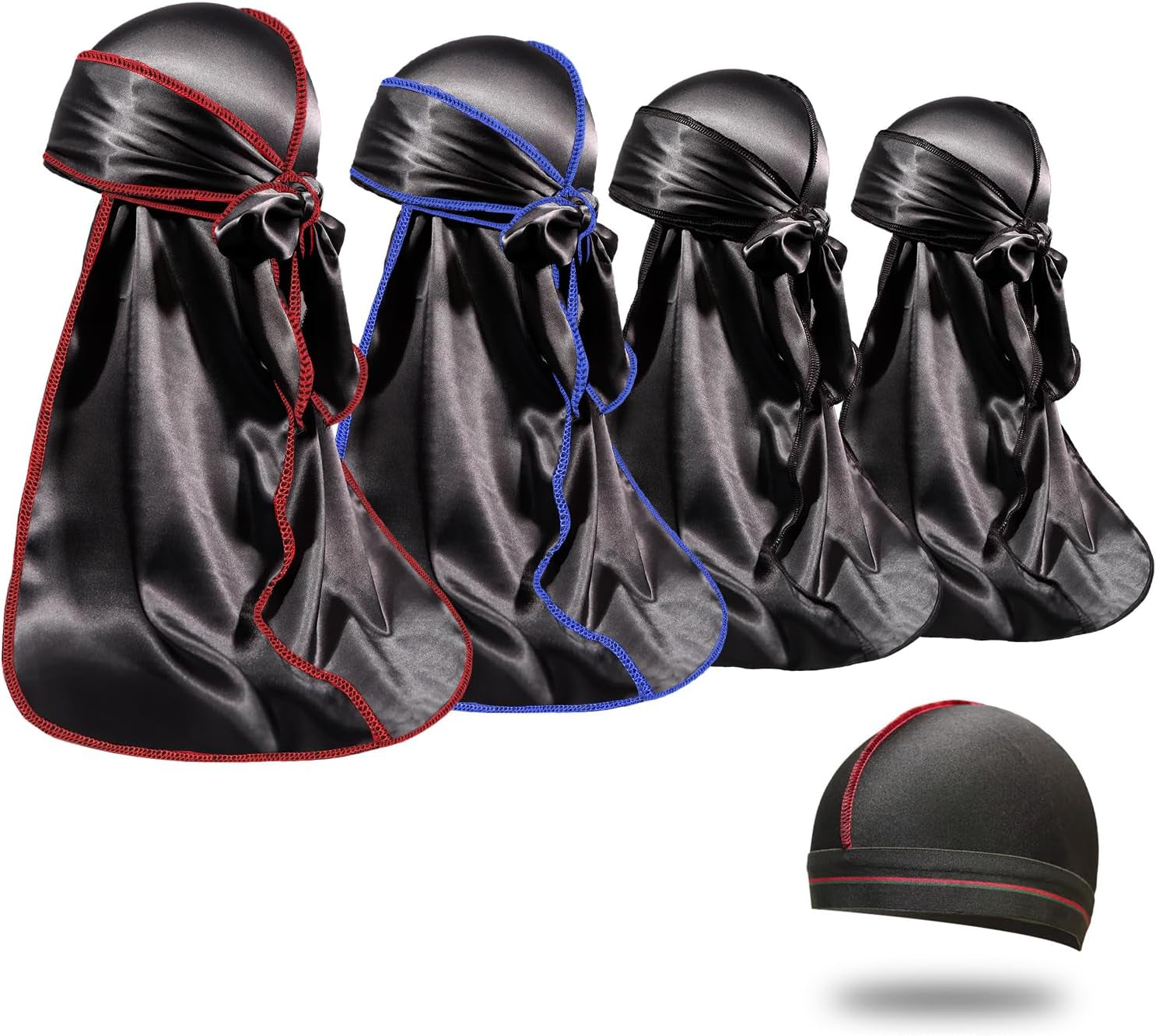4PCS Silky Durags for Men Women 360 Waves with 1 Wave Cap, Silky Satin Durag Extra Long Tails