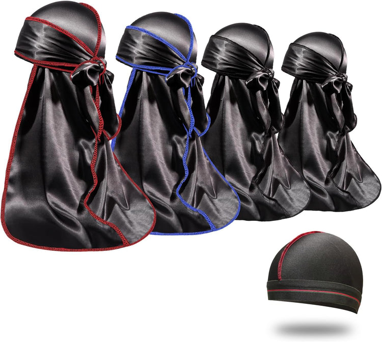 4PCS Silky Durags for Men Women 360 Waves with 1 Wave Cap, Silky Satin Durag Extra Long Tails