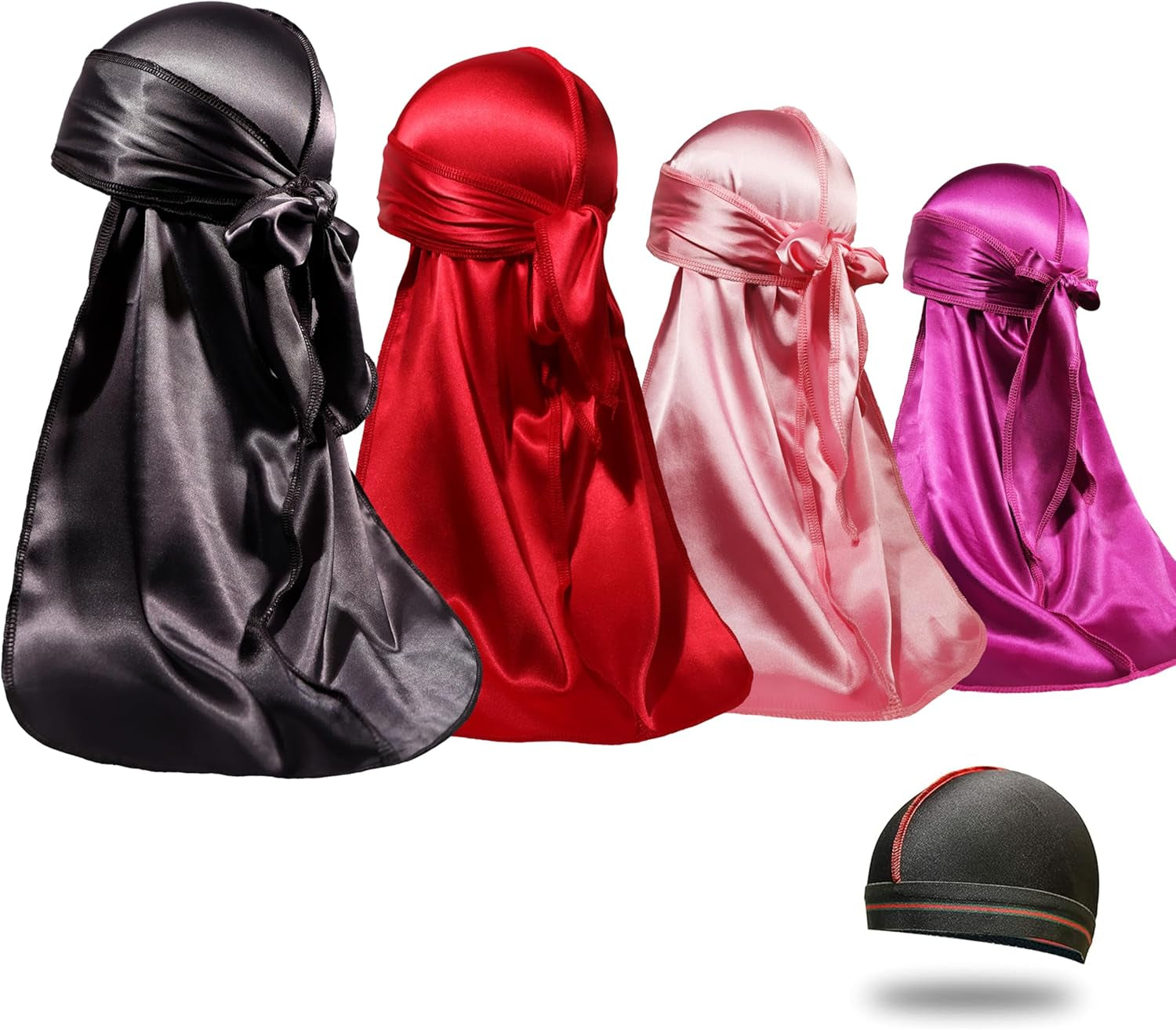 4PCS Silky Durags for Men Women 360 Waves with 1 Wave Cap, Silky Satin Durag Extra Long Tails
