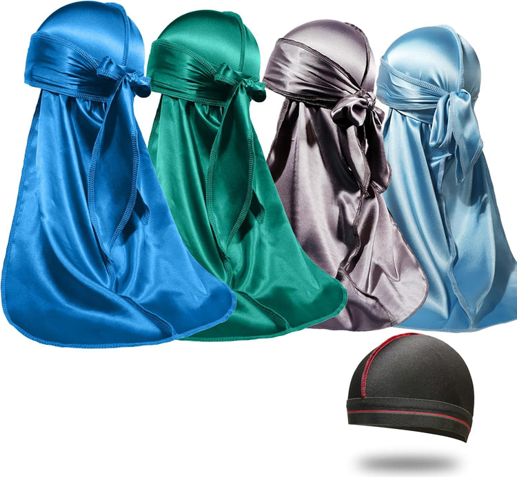 4PCS Silky Durags for Men Women 360 Waves with 1 Wave Cap, Silky Satin Durag Extra Long Tails