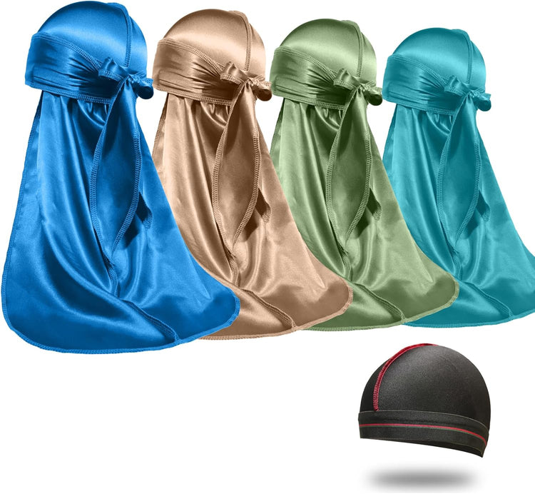4PCS Silky Durags for Men Women 360 Waves with 1 Wave Cap, Silky Satin Durag Extra Long Tails
