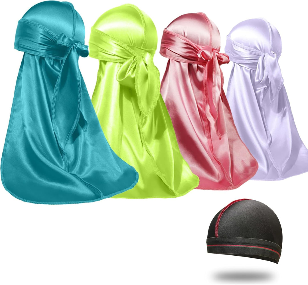 4PCS Silky Durags for Men Women 360 Waves with 1 Wave Cap, Silky Satin Durag Extra Long Tails