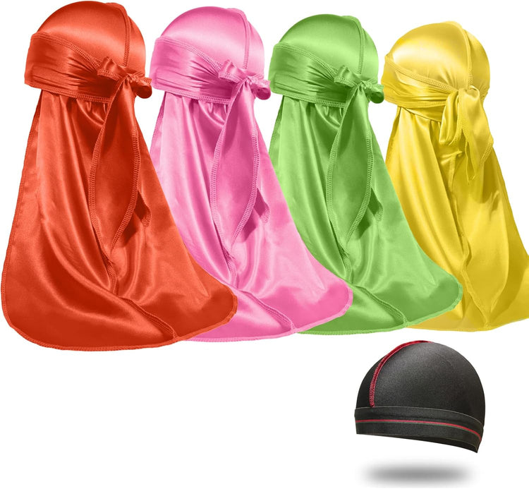 4PCS Silky Durags for Men Women 360 Waves with 1 Wave Cap, Silky Satin Durag Extra Long Tails