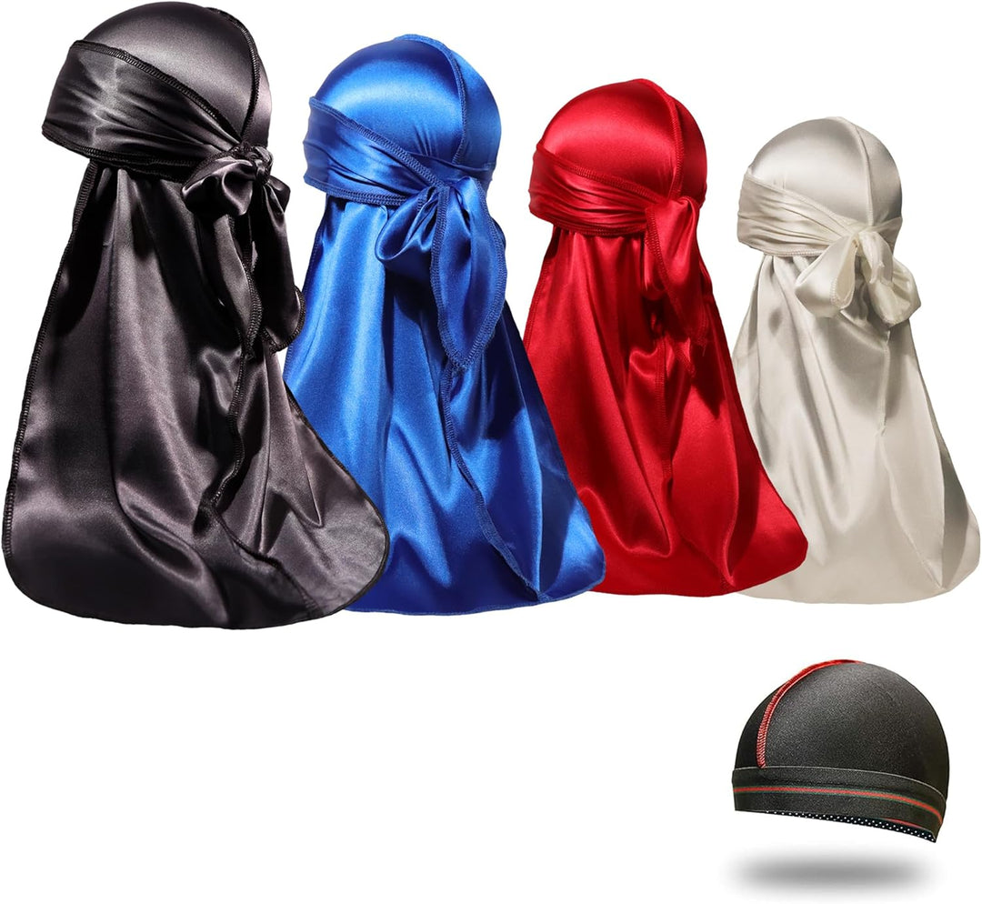 4PCS Silky Durags for Men Women 360 Waves with 1 Wave Cap, Silky Satin Durag Extra Long Tails