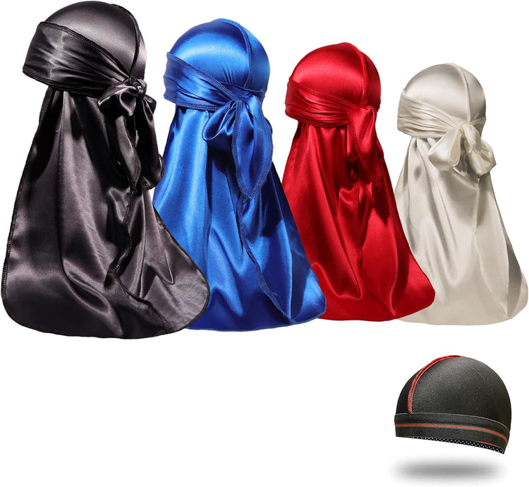 4PCS Silky Durags for Men Women 360 Waves with 1 Wave Cap, Silky Satin Durag Extra Long Tails