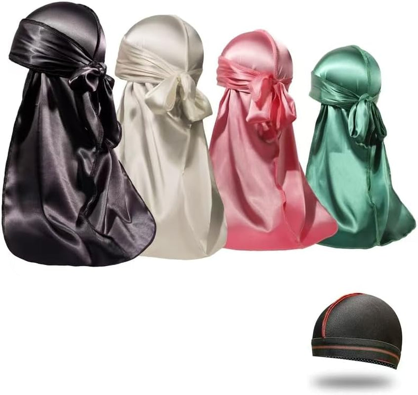 4PCS Silky Durags for Men Women 360 Waves with 1 Wave Cap, Silky Satin Durag Extra Long Tails
