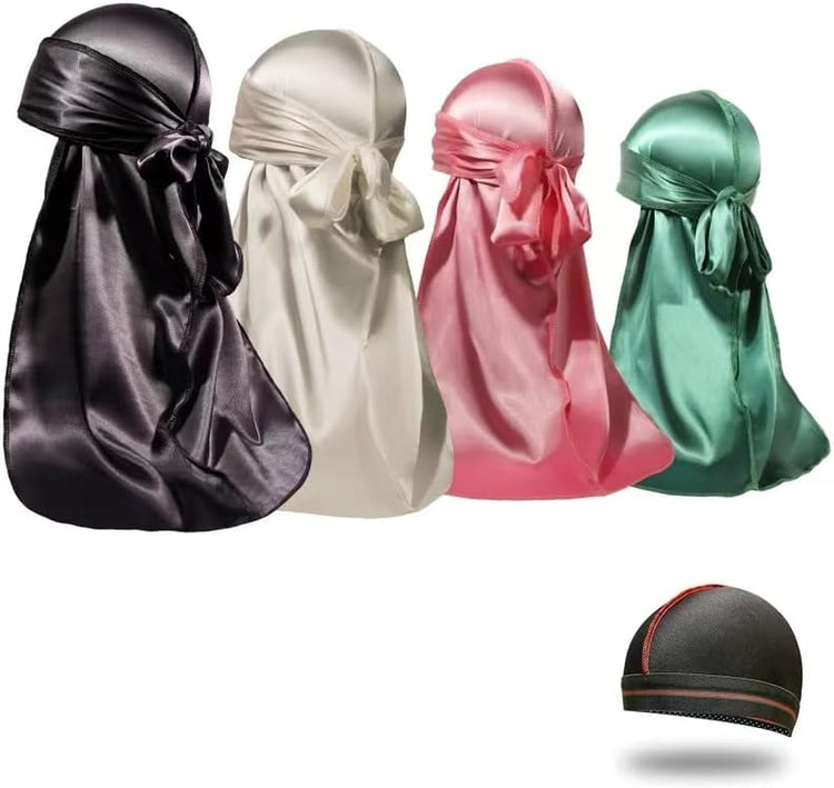 4PCS Silky Durags for Men Women 360 Waves with 1 Wave Cap, Silky Satin Durag Extra Long Tails