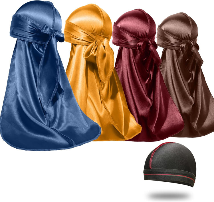 4PCS Silky Durags for Men Women 360 Waves with 1 Wave Cap, Silky Satin Durag Extra Long Tails