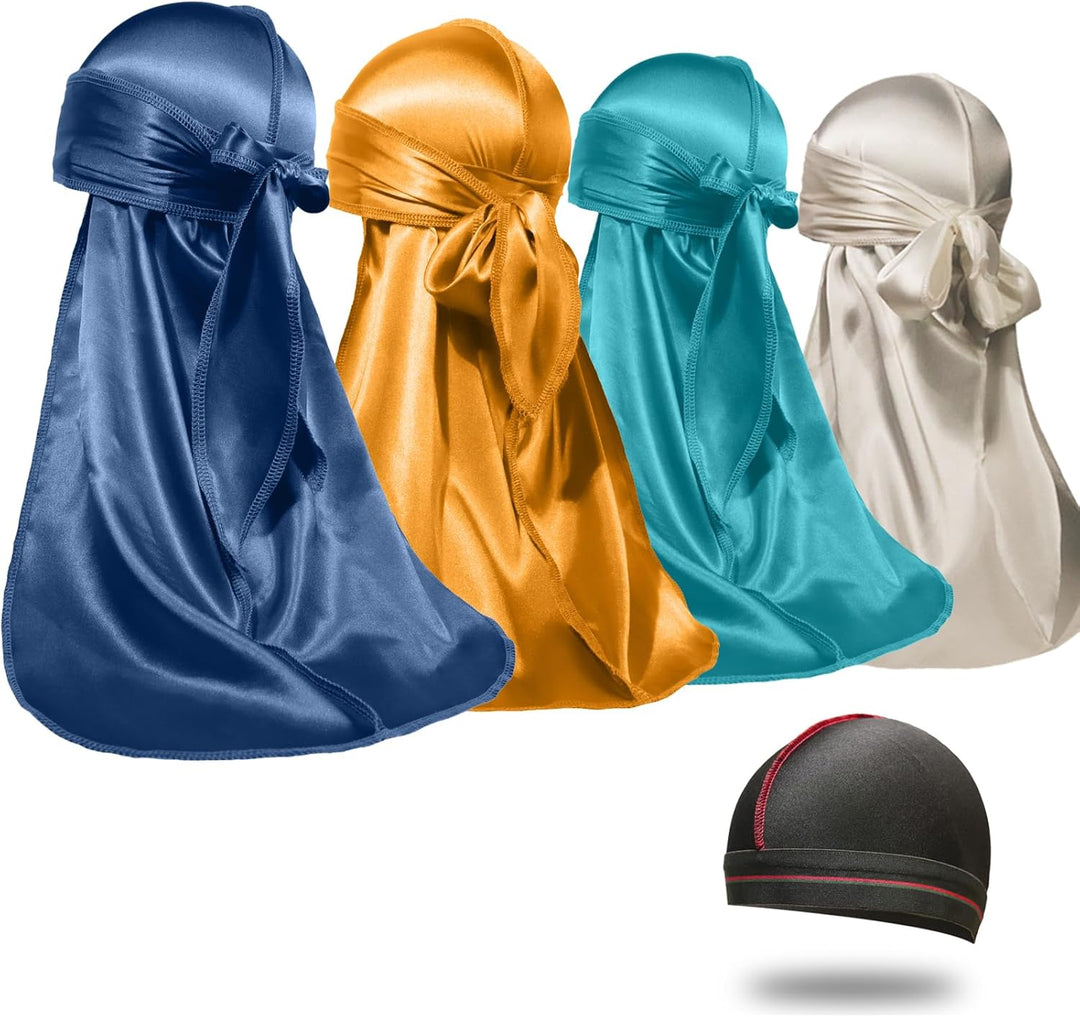 4PCS Silky Durags for Men Women 360 Waves with 1 Wave Cap, Silky Satin Durag Extra Long Tails