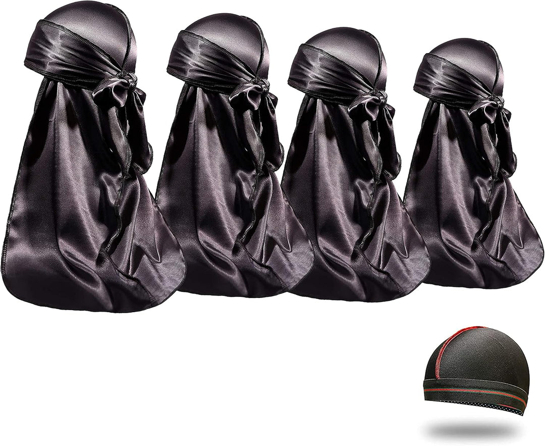 4PCS Silky Durags for Men Women 360 Waves with 1 Wave Cap, Silky Satin Durag Extra Long Tails