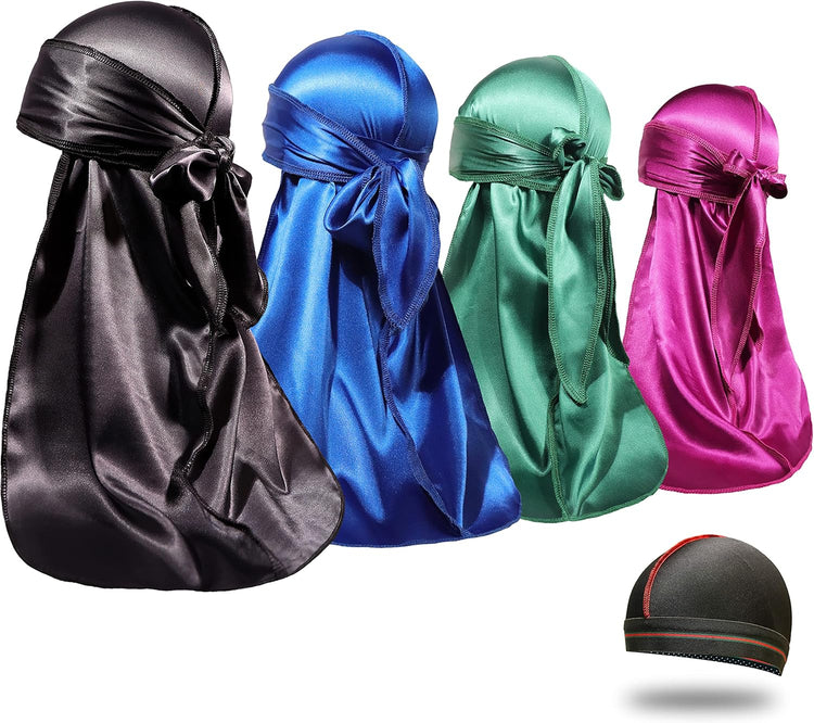 4PCS Silky Durags for Men Women 360 Waves with 1 Wave Cap, Silky Satin Durag Extra Long Tails