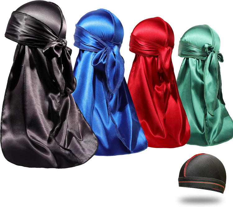 4PCS Silky Durags for Men Women 360 Waves with 1 Wave Cap, Silky Satin Durag Extra Long Tails