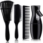 4Pcs Curly Hair Brush Set for Adult & Kids Wet or Dry, Detangling Brush for 3/4ABC Hair with Detangler Spray Bottle & Wide Tooth Comb (3+1, Black) - PHamily Hair Care 
