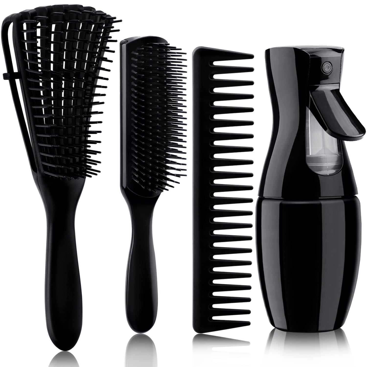 4Pcs Curly Hair Brush Set for Adult & Kids Wet or Dry, Detangling Brush for 3/4ABC Hair with Detangler Spray Bottle & Wide Tooth Comb (3+1, Black) - PHamily Hair Care 