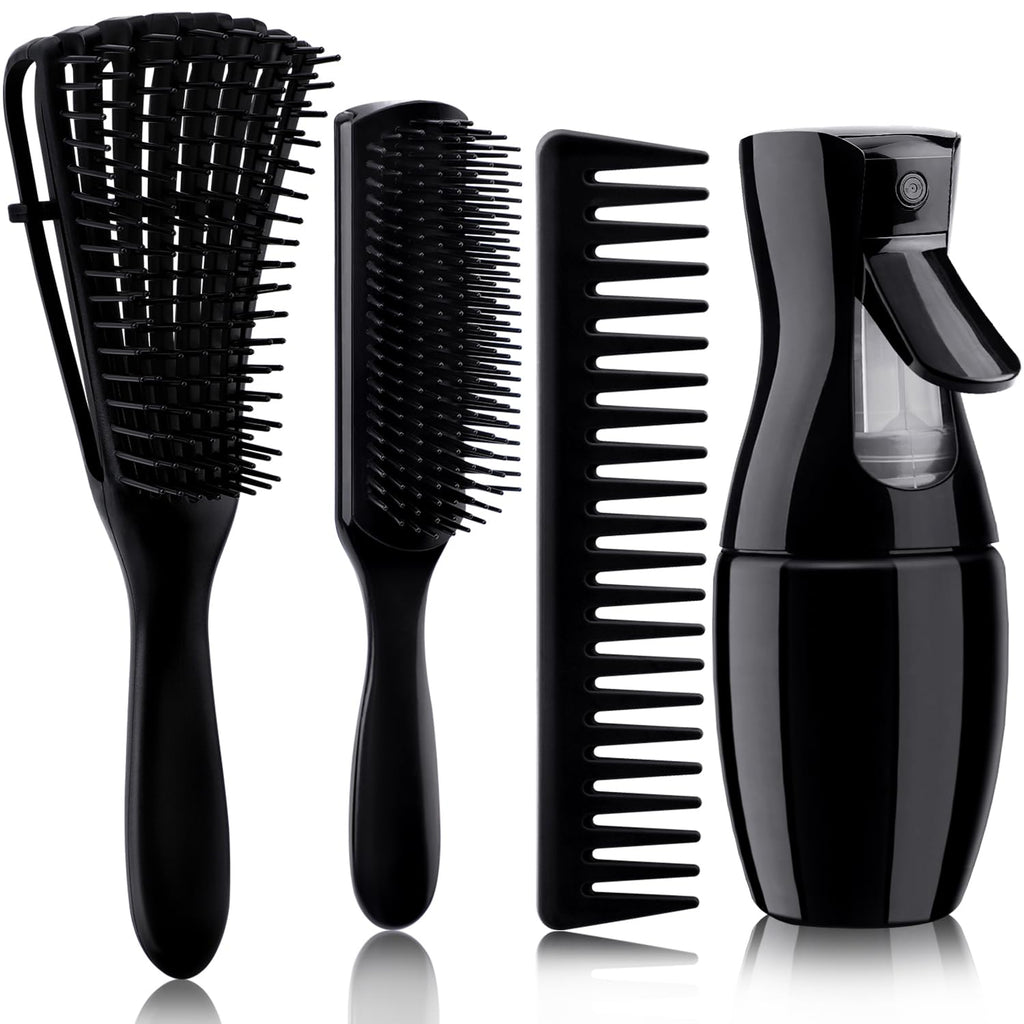 4Pcs Curly Hair Brush Set for Adult & Kids Wet or Dry, Detangling Brush for 3/4ABC Hair with Detangler Spray Bottle & Wide Tooth Comb (3+1, Black)