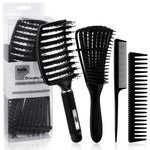 4Pcs Curly Hair Brush Set for Adult & Kids Wet or Dry, Detangling Brush for 3/4ABC Hair with Detangler Spray Bottle & Wide Tooth Comb (3+1, Black) - PHamily Hair Care 