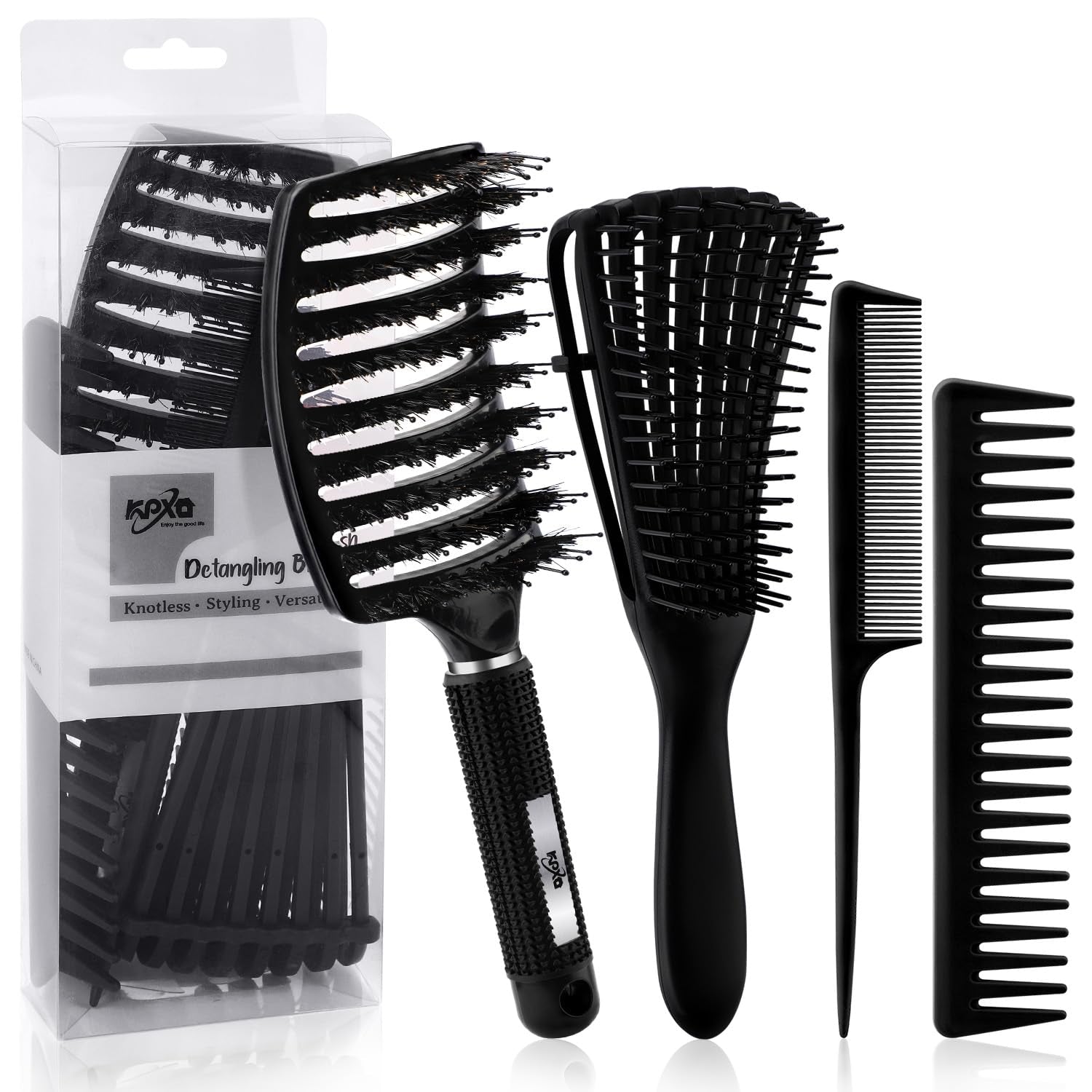 4Pcs Curly Hair Brush Set for Adult & Kids Wet or Dry, Detangling Brush for 3/4ABC Hair with Detangler Spray Bottle & Wide Tooth Comb (3+1, Black) - PHamily Hair Care 