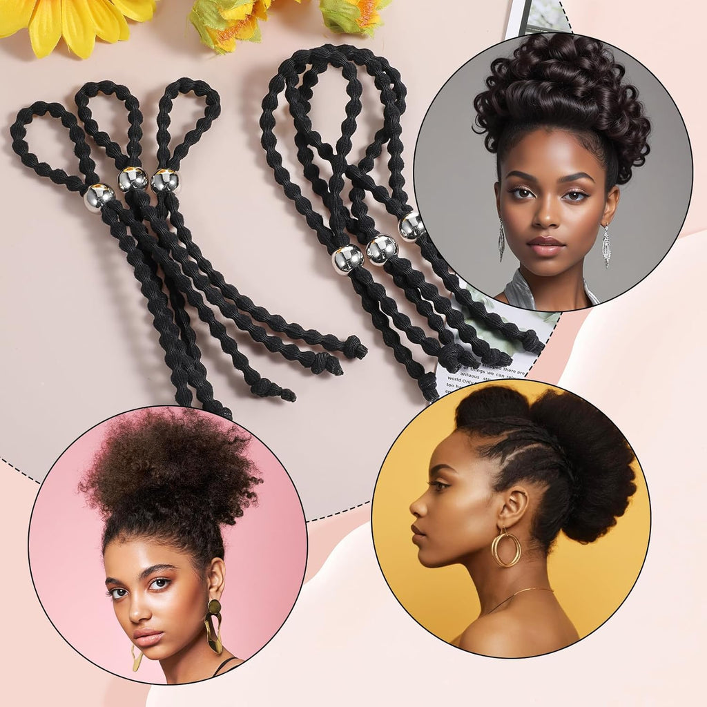 6Pcs Beaded No-Slip Hair Ties for Natural Curly, Adjustable Afro Puff Cuff Drawstring Ponytail Holder, Black Elastic Hair Scrunchies, Large Hair Ties for Women Thick Pineapple Kinky Braids Hair Bands