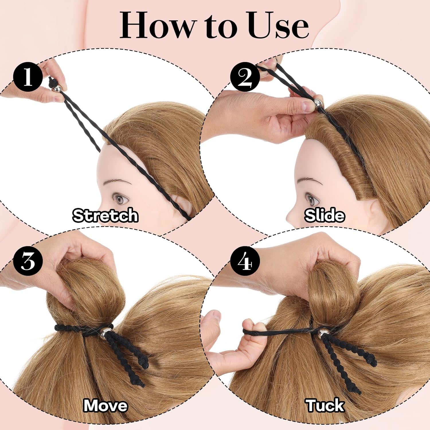 6Pcs Beaded No-Slip Hair Ties for Natural Curly, Adjustable Afro Puff Cuff Drawstring Ponytail Holder, Black Elastic Hair Scrunchies, Large Hair Ties for Women Thick Pineapple Kinky Braids Hair Bands - PHamily Hair Care 