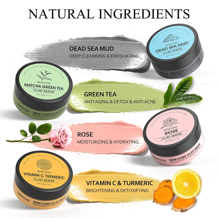 4 Pcs Clay Mask Gift Set, Turmeric Vitamin C Clay Mask, Green Tea Mask, Dead Sea Mud Mask, Rose Clay Mask, Face Masks Skincare Clay Facial Mask for Deep Cleansing, Moisturizing and Refining Pores 240G