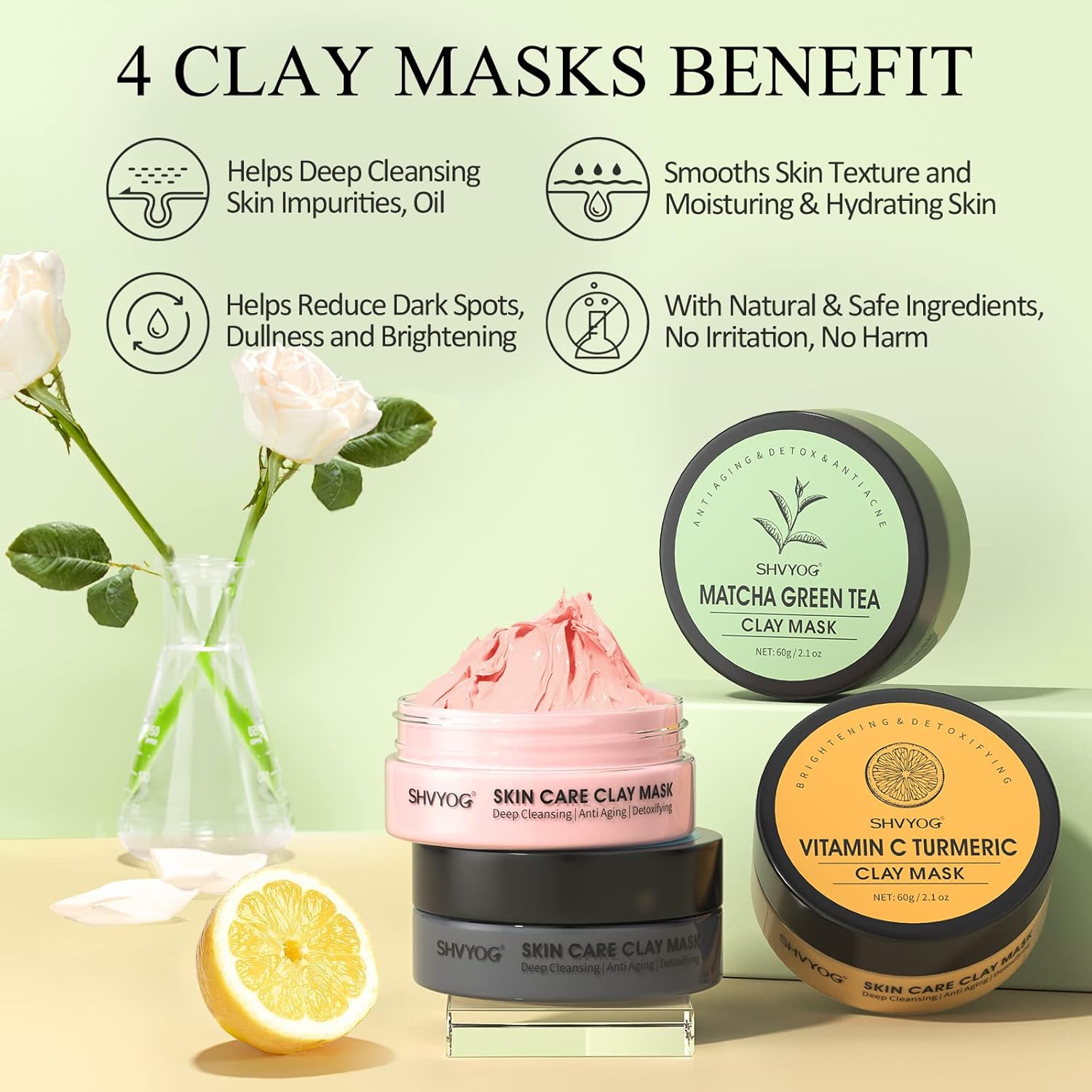 4 Pcs Clay Mask Gift Set, Turmeric Vitamin C Clay Mask, Green Tea Mask, Dead Sea Mud Mask, Rose Clay Mask, Face Masks Skincare Clay Facial Mask for Deep Cleansing, Moisturizing and Refining Pores 240G