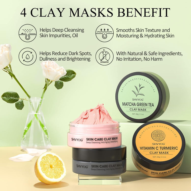 4 Pcs Clay Mask Gift Set, Turmeric Vitamin C Clay Mask, Green Tea Mask, Dead Sea Mud Mask, Rose Clay Mask, Face Masks Skincare Clay Facial Mask for Deep Cleansing, Moisturizing and Refining Pores 240G