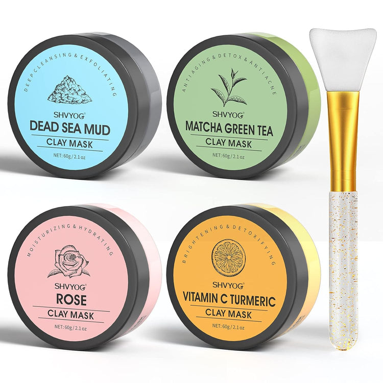 4 Pcs Clay Mask Gift Set, Turmeric Vitamin C Clay Mask, Green Tea Mask, Dead Sea Mud Mask, Rose Clay Mask, Face Masks Skincare Clay Facial Mask for Deep Cleansing, Moisturizing and Refining Pores 240G