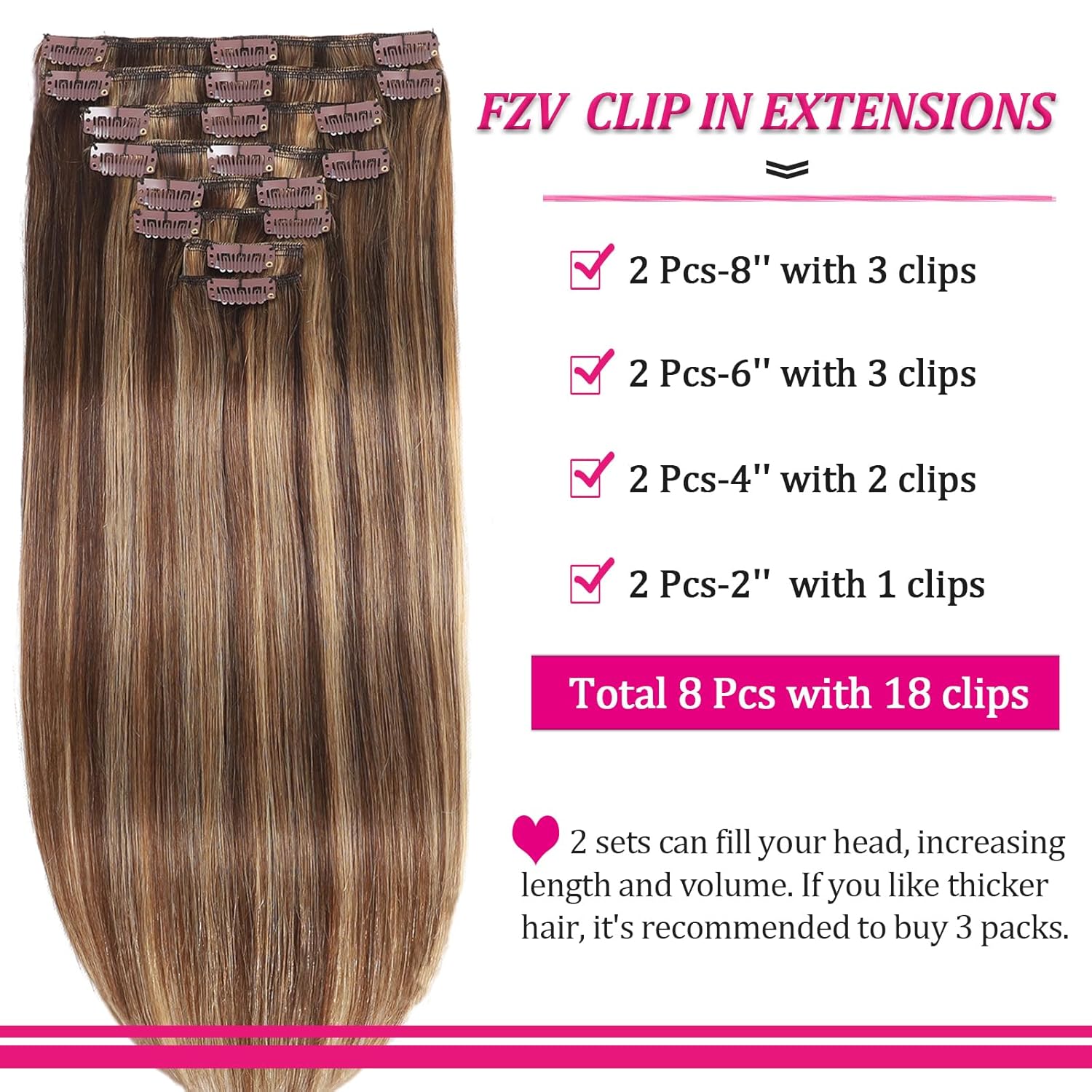 Hair Extension Clip-Ins - Real Human Hair Extensions 120G 8Pcs 18Inch,Soft & Natural Straight Double Weft for Women #P427 Chocolate Brown to Honey Blonde Extensions Real Human Hair Clip Ins