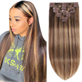 Hair Extension Clip-Ins - Real Human Hair Extensions 120G 8Pcs 18Inch,Soft & Natural Straight Double Weft for Women #P427 Chocolate Brown to Honey Blonde Extensions Real Human Hair Clip Ins