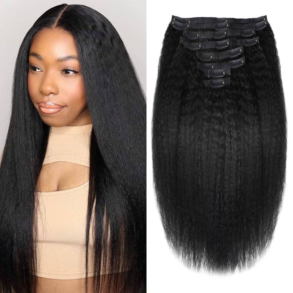 Kinky Straight Human Hair Clip in Extensions 120G Full Head Clip Ins for Women 100% Unprocessed Brazilian Virgin Human Hair Yaki Straight Clip Ins Remy Hair Natural Black 8Pcs 18Clips 12Inch