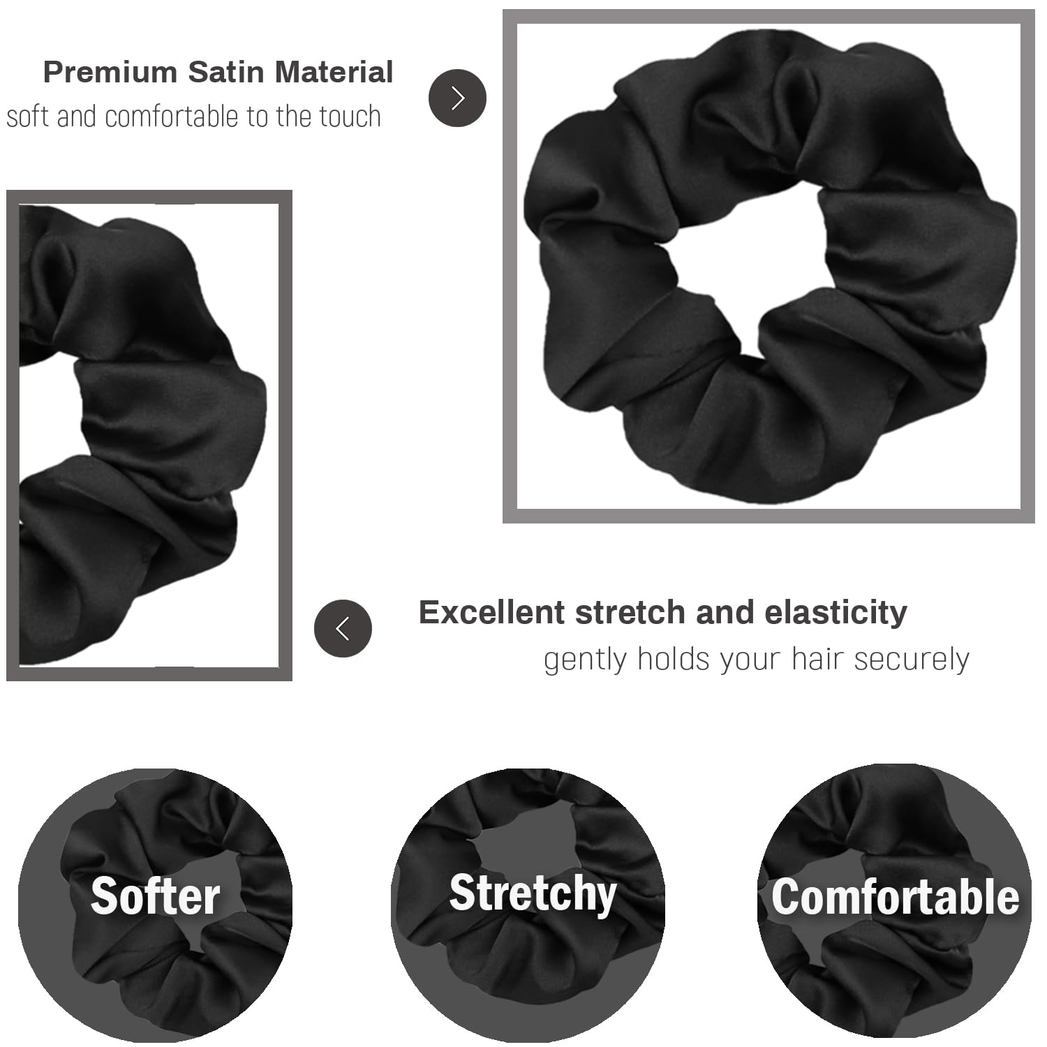 Satin Scrunchies for Hair Sleep, Premium Satin Softer than Silk for Women Curly Hair, Cute Bands Ties for Girls Thin | Thick Hair Styling, 12 Pack, Black