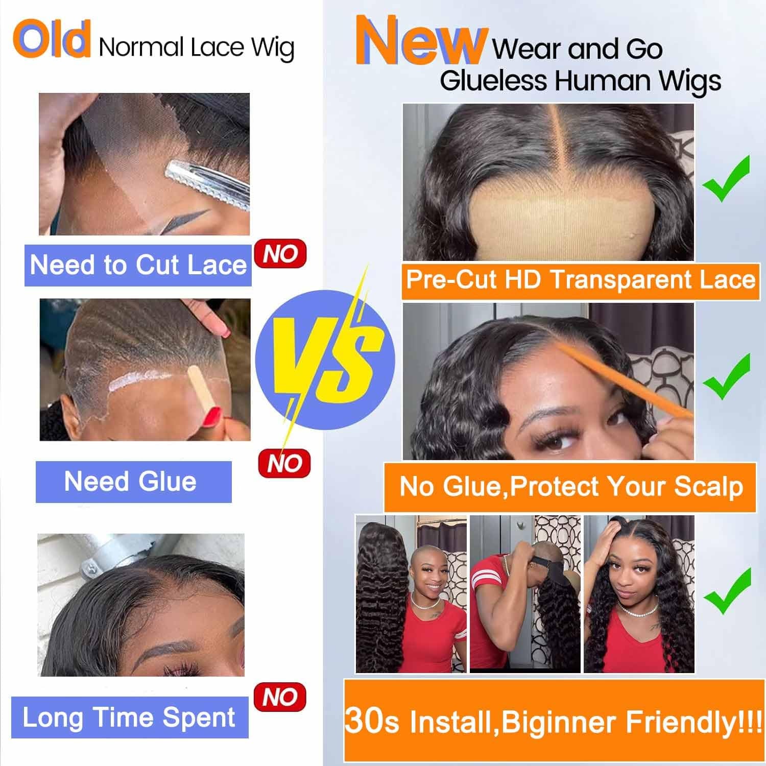 Wear and Go Glueless Wigs Human Hair Pre Plucked Pre Cut Deep Wave Lace Front Wigs 