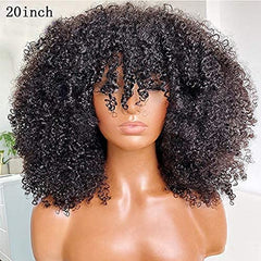 Curly Wig with Bangs Full Machine Made Scalp Top Wig 200 Density Brazilian Short Curly Human Hair Wigs Natural Color 16 Inch