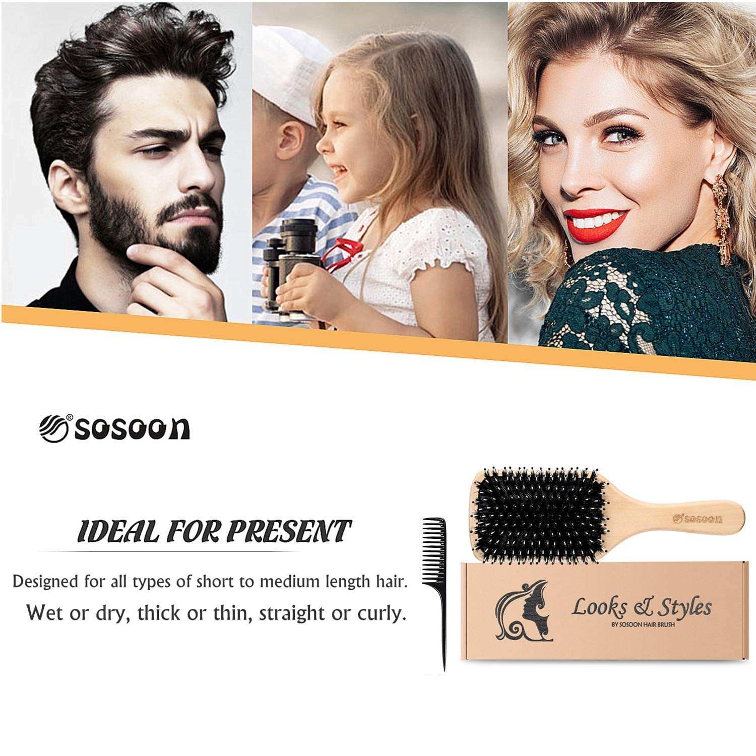 Hair Brush,  Boar Bristle Paddle Hairbrush for Long Short Thick Thin C🍀CARE FOR YOUR HAIR: Using the boar bristle brush removes the dust, oil ,dandruff and dirt, creates healthy, shiny hair and will help to reduce hair breakage, seal Long Short Thick Thin Curly Straight Wavy Dry Hair