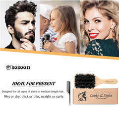 Hair Brush,  Boar Bristle Paddle Hairbrush for Long Short Thick Thin Curly Straight Wavy Dry Hair for Men Women Kids, No More Tangle, Giftbox & Tail Comb Included