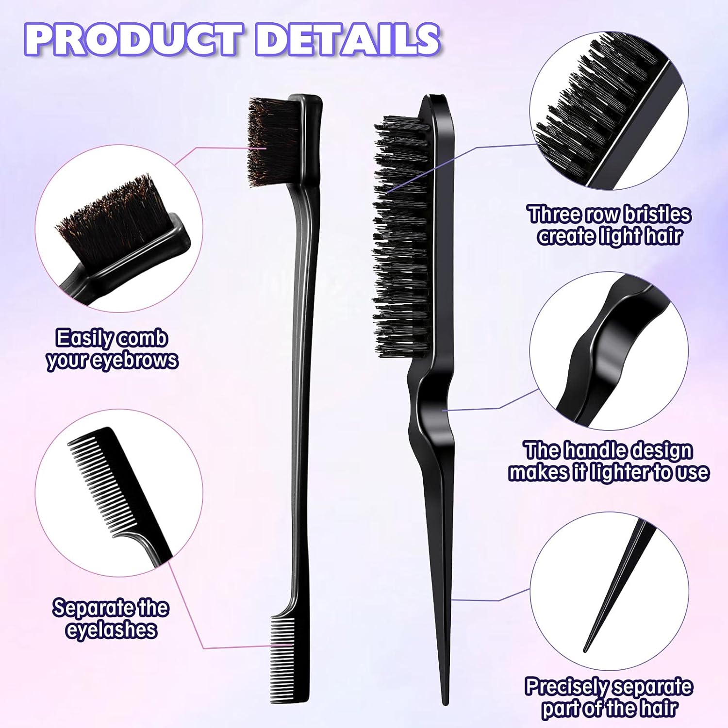 5 Pieces Hair Edge Brush Double Sided Control Hair Brush Comb Combo Pack  Smooth Comb Grooming (Black)