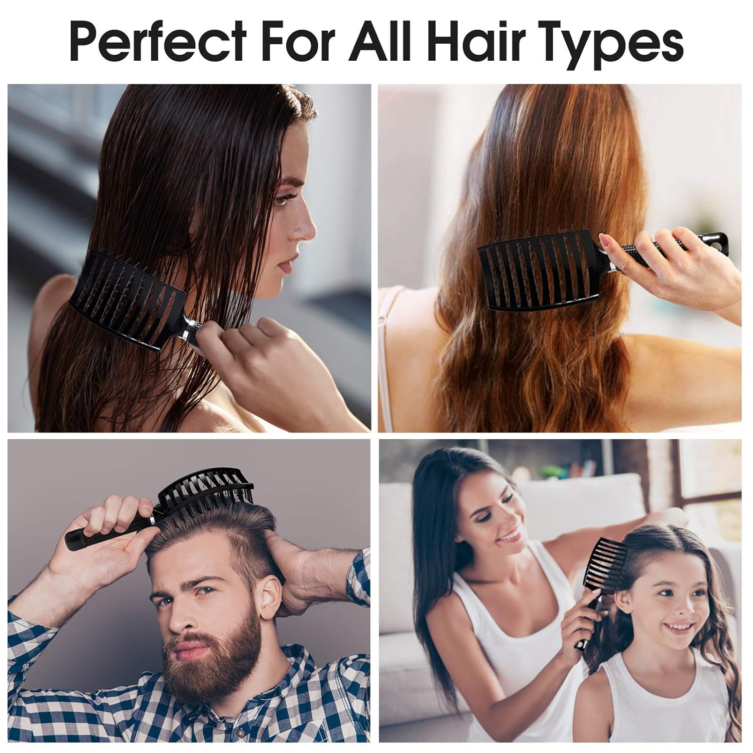 Professional curved vented hairbrush designed for less hair shedding, suitable for both men and women. This paddle brush is perfect for detangling wet or dry curly, thick, and straight hair.