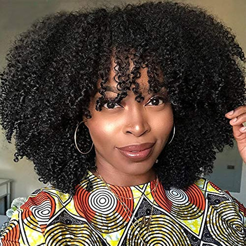 Curly Wig with Bangs Full Machine Made Scalp Top Wig 200 Density Brazilian Short Curly Human Hair Wigs Natural Color 16 Inch