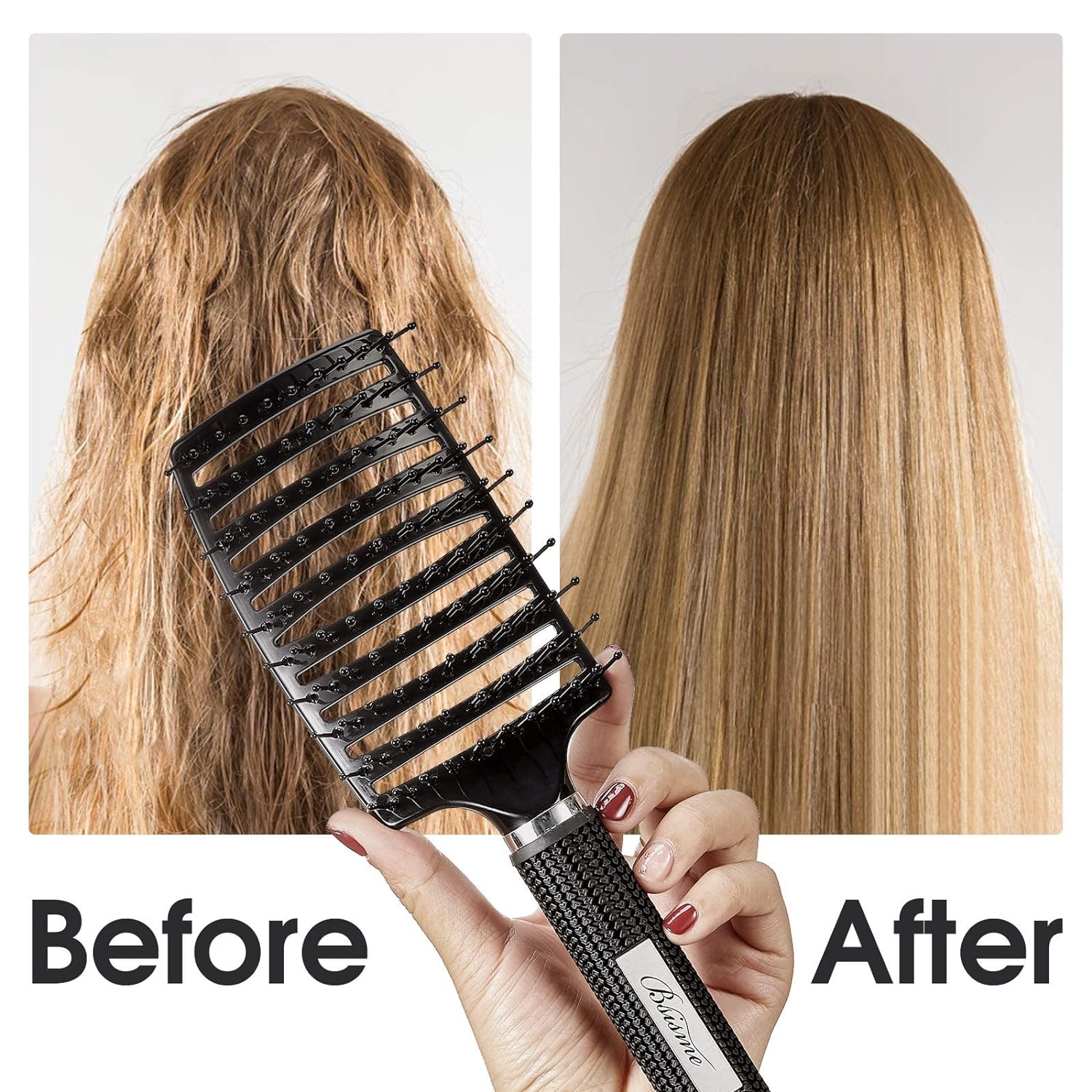 Professional curved vented hairbrush designed for less hair shedding, suitable for both men and women. This paddle brush is perfect for detangling wet or dry curly, thick, and straight hair.