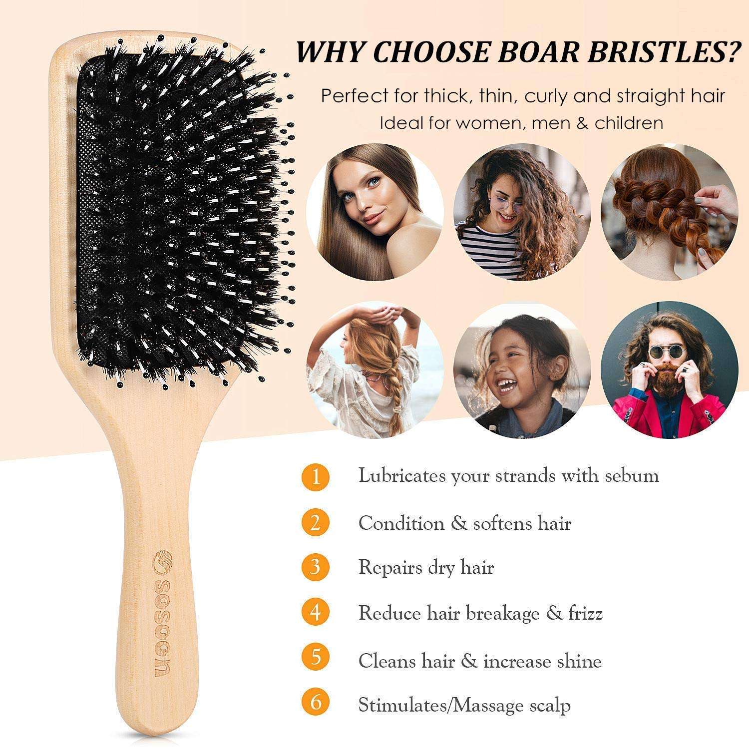 Hair Brush,  Boar Bristle Paddle Hairbrush for Long Short Thick Thin C🍀CARE FOR YOUR HAIR: Using the boar bristle brush removes the dust, oil ,dandruff and dirt, creates healthy, shiny hair and will help to reduce hair breakage, seal Long Short Thick Thin Curly Straight Wavy Dry Hair