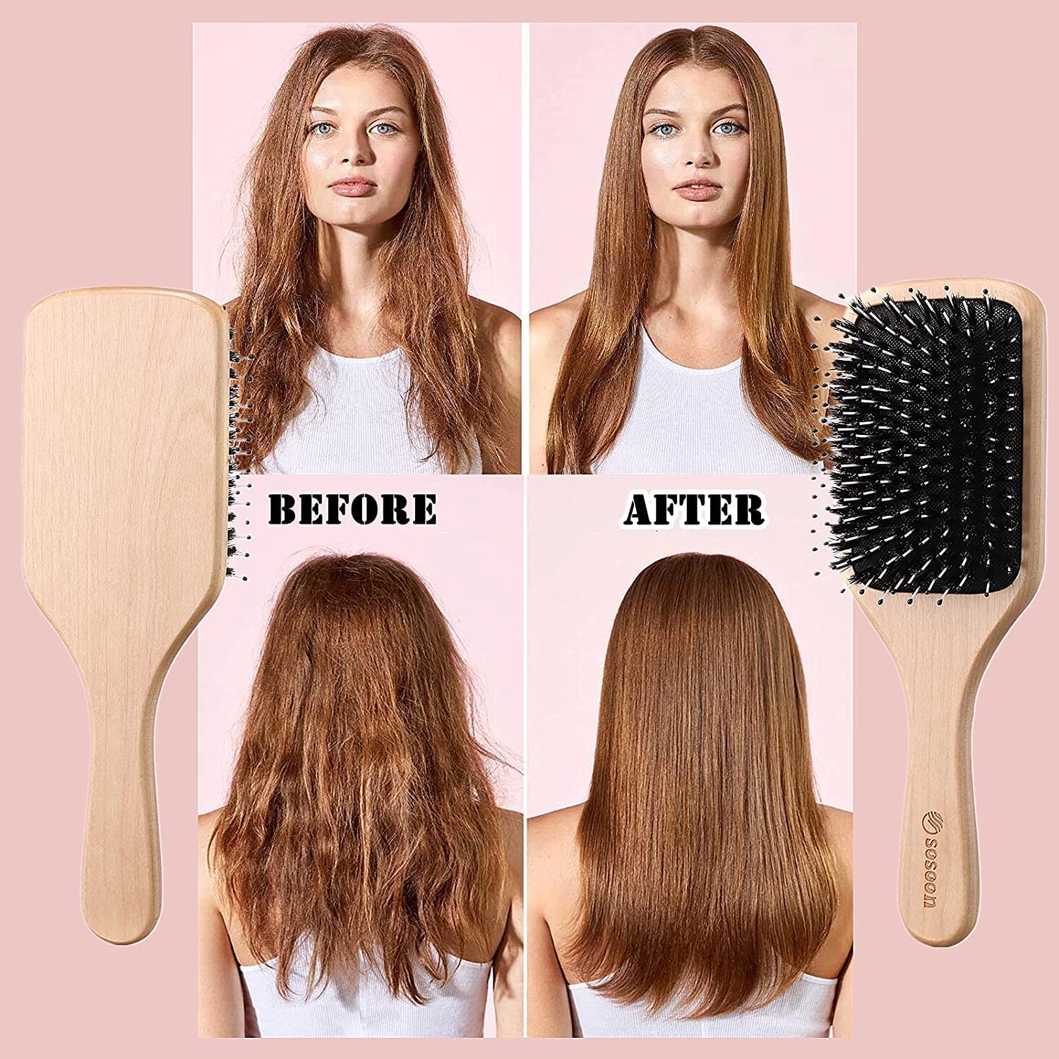 Hair Brush,  Boar Bristle Paddle Hairbrush for Long Short Thick Thin Curly Straight Wavy Dry Hair for Men Women Kids, No More Tangle, Giftbox & Tail Comb Included