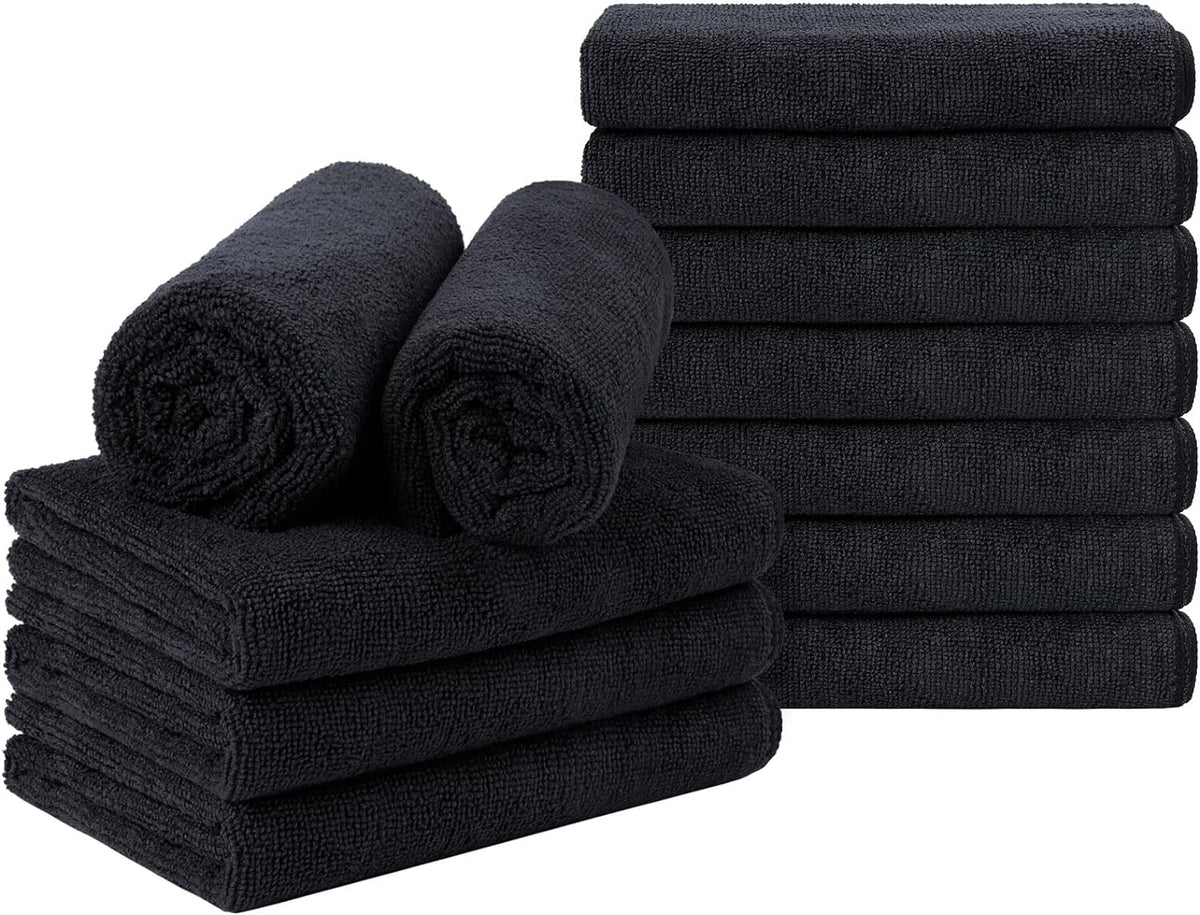 Black Salon Towel, Pack of 12(Not Bleach Proof, 16 X 27 Inches) Super Soft and Absorbent Microfiber Towels for Salon, Hand, Gym, Bath, Spa and Home Hair Care