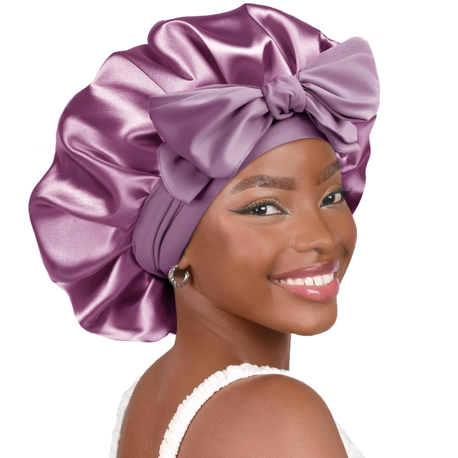 PHAMILY Satin Bonnet Silk Bonnet with Tie Band for  Sleeping, Double Layer Satin Lined, Black Hair Bonnets for Women Natural Curly Hair