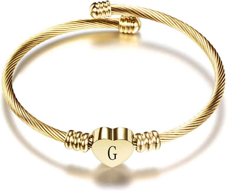 Women Girls Gold Plated Heart Initial A-Z Letter Cuff Bracelets Expandable Stainless Steel Birthday Jewelry