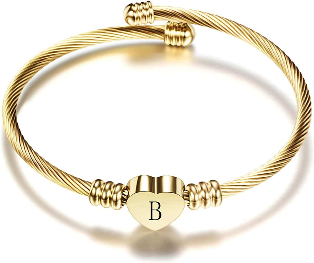 Women Girls Gold Plated Heart Initial A-Z Letter Cuff Bracelets Expandable Stainless Steel Birthday Jewelry