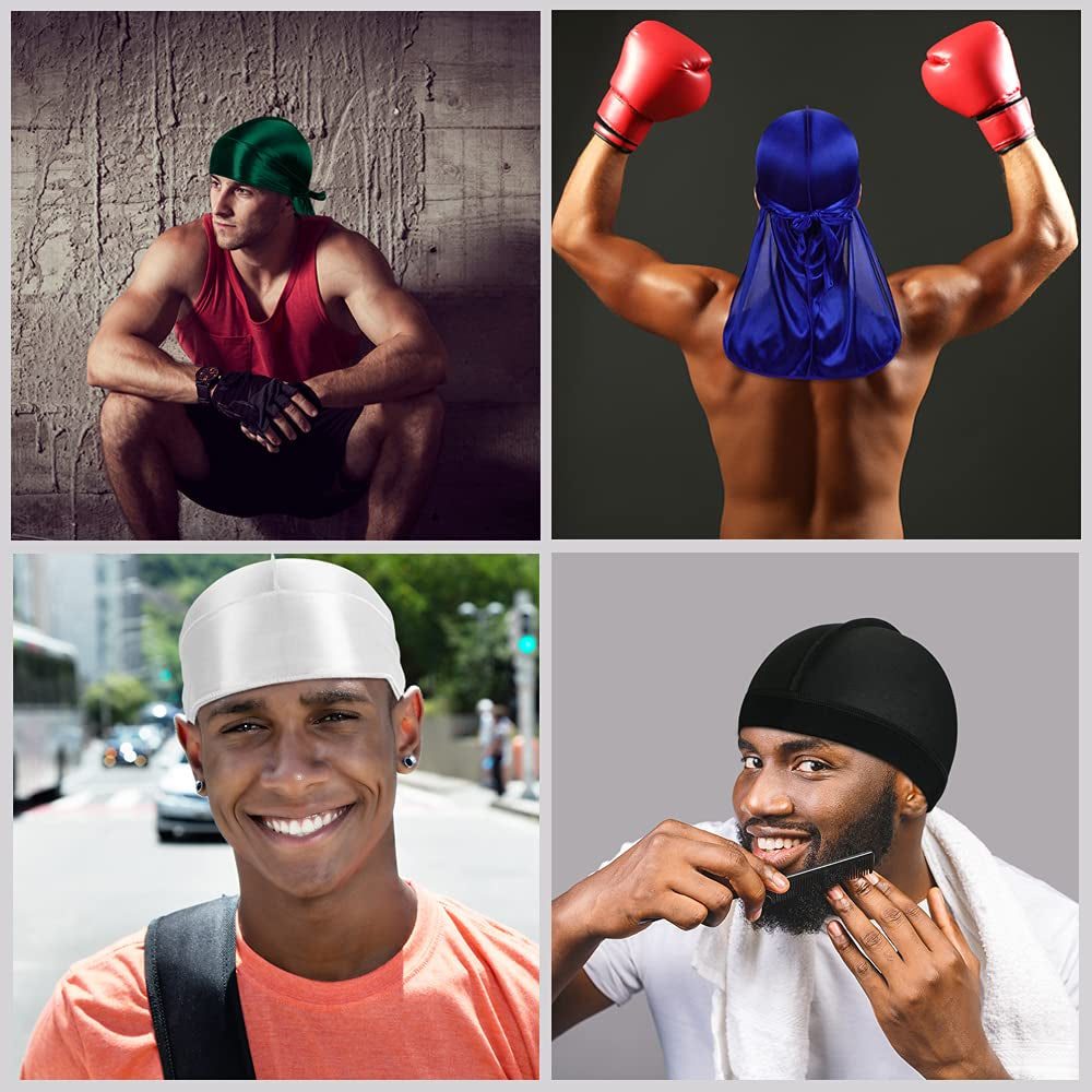 4 Pcs Silky Men Durag Headwraps with Long Tail and 4 Pcs Silk Wave Cap Perfect for 360 Waves