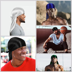 4 Pcs Silky Men Durag Headwraps with Long Tail and 4 Pcs Silk Wave Cap Perfect for 360 Waves