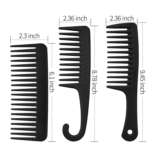 3PCS Wide Tooth Comb and Large Detangler Comb, Shower Comb with Hook,Hair Comb for Textured 3A to 4C Curly/Wet/Dry/Long/Thick Hair（Black)